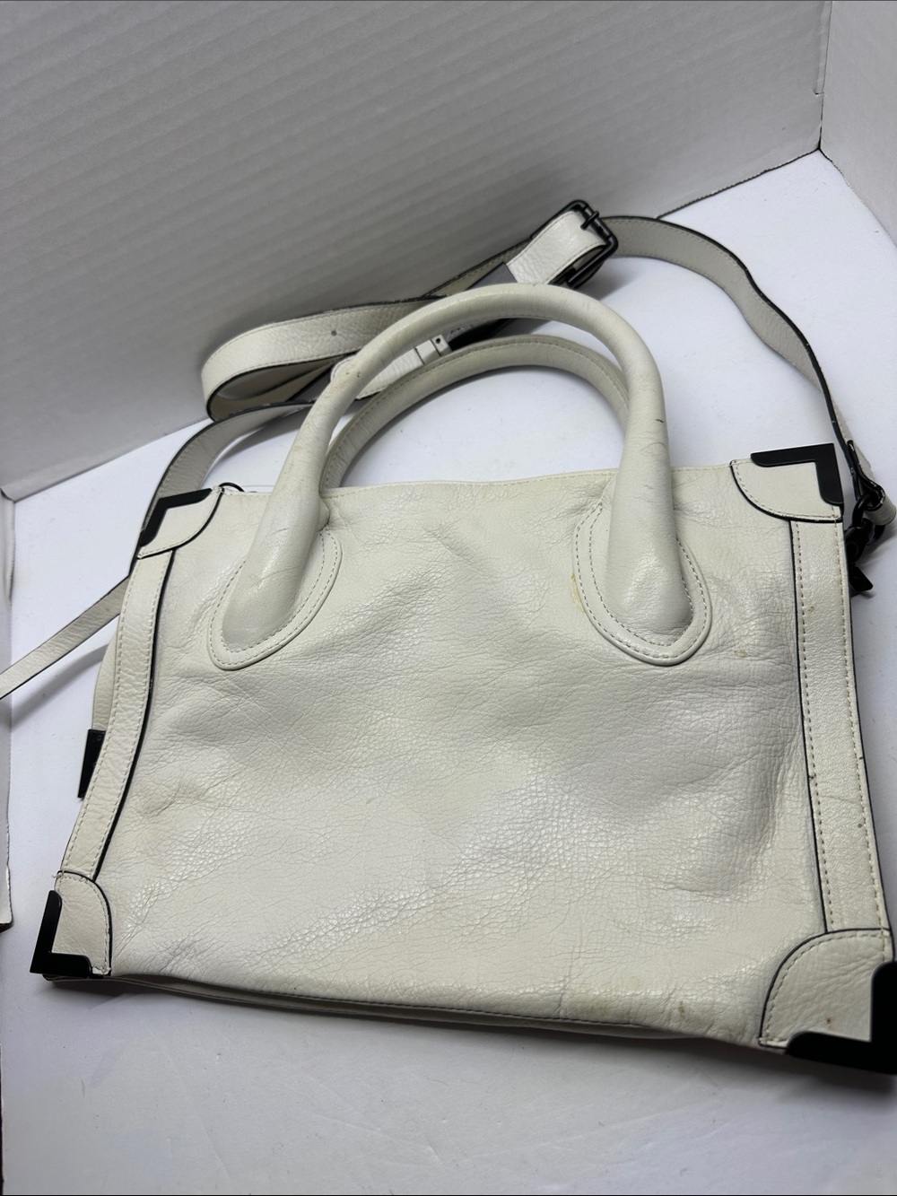 Foley + Corinna Cream Leather Satchel with Black Corner Accents